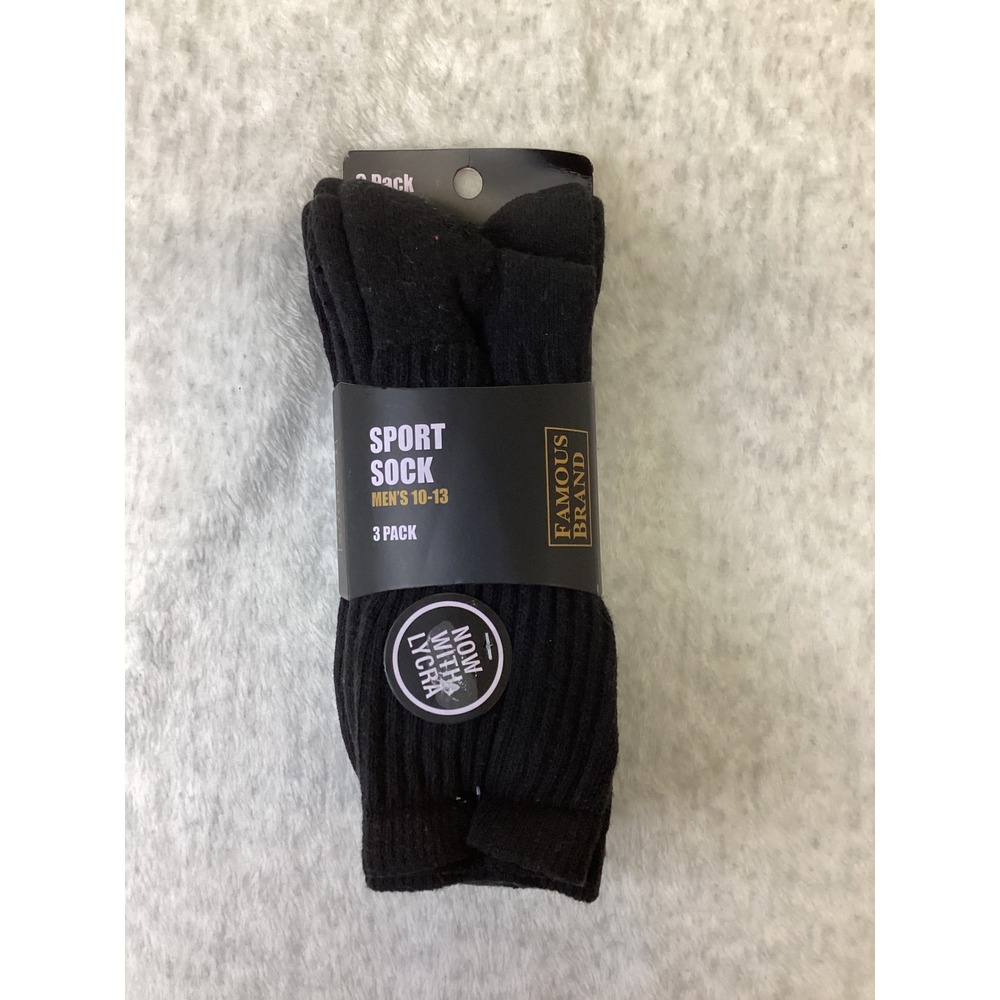 Famous Brand Mens Sport Socks 3 Pack Black Cotton Lycra FB-04 Size‎ 10-13